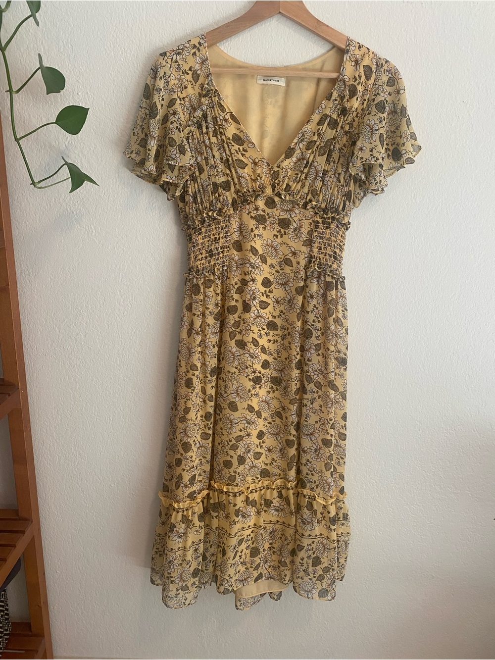 Max Studio Yellow Floral Smocked Midi Dress